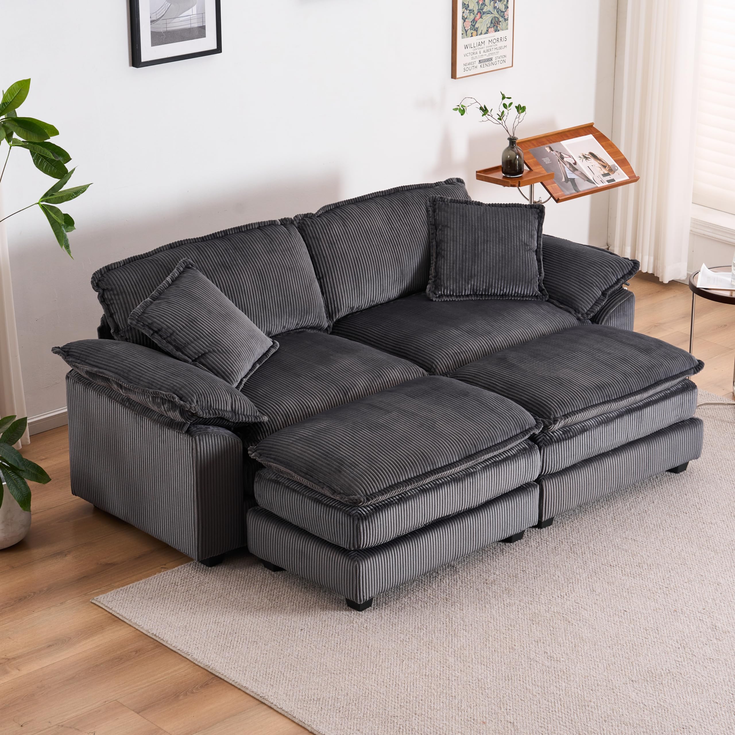 Free Combination Convertible Modular Sectional Sofa Cloud Couch, Comfy Corduroy Double-Upholstered Sleeper Sofa,84.6" Wide Loveseat Couches with Moveable Ottomans and Detachable Pillow-top Armrest