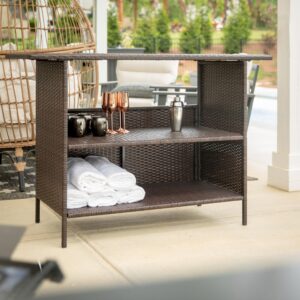 Flash Furniture Marco Indoor/Outdoor Patio Bar Counter Table, All-Weather Wicker Rattan Pattern, 2 Shelves, Brown