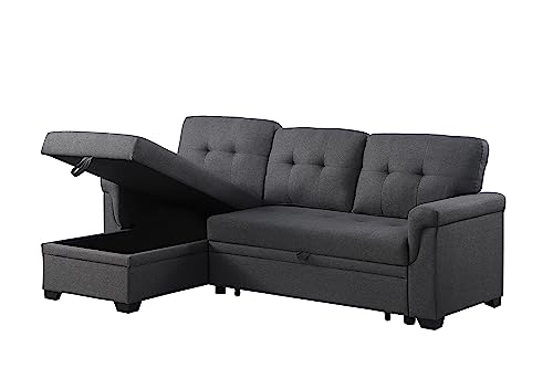 FANYE L-Shaped Reversible Corner Convertible Sleeper Sectional Sofa with Pull Out Sleeper Couch Bed and Storage Chaise for Home Apartment Office Living Room, Dark Grey Linen Sofa&Couch