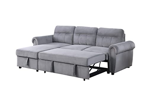 FANYE L-Shaped Oversized Reversible Convertible Tufted Sleeper Sectional Sofa with Pull Out Sleeper Couch Bed,Nailhead Decor Armrests and Storage Chaise for Living Room, Grey Velvet Sofabed