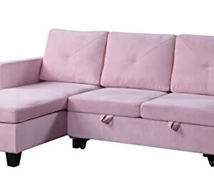 FANYE L-Shaped Reversible Corner Convertible Sectional Sofa with Pull Out Sleeper Couch Bed and Storage Chaise for Home Apartment Office Living Room, Pink Velvet Sofa&Couch, 82.5"