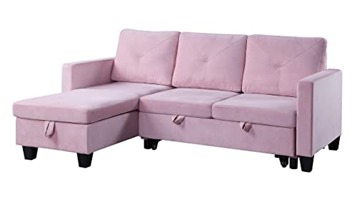 FANYE L-Shaped Reversible Corner Convertible Sectional Sofa with Pull Out Sleeper Couch Bed and Storage Chaise for Home Apartment Office Living Room, Pink Velvet Sofa&Couch, 82.5"