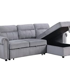 FANYE L-Shaped Oversized Reversible Convertible Tufted Sleeper Sectional Sofa with Pull Out Sleeper Couch Bed,Nailhead Decor Armrests and Storage Chaise for Living Room, Grey Velvet Sofabed