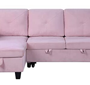 FANYE L-Shaped Reversible Corner Convertible Sectional Sofa with Pull Out Sleeper Couch Bed and Storage Chaise for Home Apartment Office Living Room, Pink Velvet Sofa&Couch, 82.5"