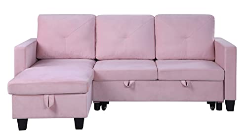 FANYE L-Shaped Reversible Corner Convertible Sectional Sofa with Pull Out Sleeper Couch Bed and Storage Chaise for Home Apartment Office Living Room, Pink Velvet Sofa&Couch, 82.5"