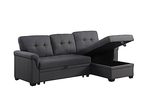 FANYE L-Shaped Reversible Corner Convertible Sleeper Sectional Sofa with Pull Out Sleeper Couch Bed and Storage Chaise for Home Apartment Office Living Room, Dark Grey Linen Sofa&Couch