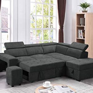 FANYE L-Shaped Oversized Convertible Tufted Sleeper Sectional Sofa with Pull Out Sleeper Couch Bed,Adjustable Headrests, Padded Armrests,Movable Stools and Storage Ottoman for Living Room