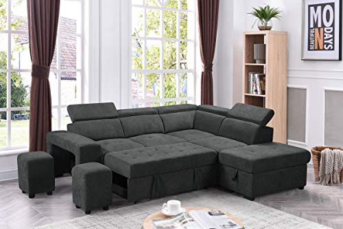 FANYE L-Shaped Oversized Convertible Tufted Sleeper Sectional Sofa with Pull Out Sleeper Couch Bed,Adjustable Headrests, Padded Armrests,Movable Stools and Storage Ottoman for Living Room