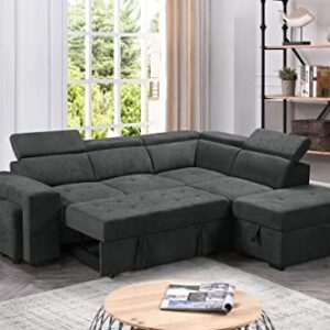 FANYE L-Shaped Oversized Convertible Tufted Sleeper Sectional Sofa with Pull Out Sleeper Couch Bed,Adjustable Headrests, Padded Armrests,Movable Stools and Storage Ottoman for Living Room