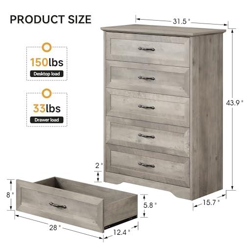 GAOMON Modern 5 Drawers Dresser, Chest of Drawers Closet Organizers and Storage Clothes, Modern Dressers for Closet Living Room, Kids Bedroom (5 Drawers Dresser, Grey)