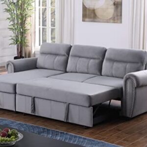 FANYE L-Shaped Oversized Reversible Convertible Tufted Sleeper Sectional Sofa with Pull Out Sleeper Couch Bed,Nailhead Decor Armrests and Storage Chaise for Living Room, Grey Velvet Sofabed