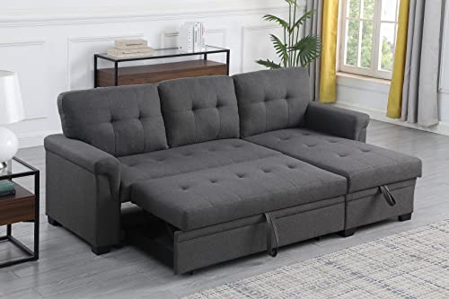 FANYE L-Shaped Reversible Corner Convertible Sleeper Sectional Sofa with Pull Out Sleeper Couch Bed and Storage Chaise for Home Apartment Office Living Room, Dark Grey Linen Sofa&Couch