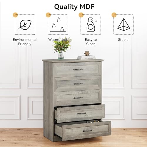 GAOMON Modern 5 Drawers Dresser, Chest of Drawers Closet Organizers and Storage Clothes, Modern Dressers for Closet Living Room, Kids Bedroom (5 Drawers Dresser, Grey)