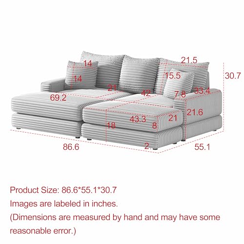 ERYE Oversized Loveseat Sectional Sofa Couch Modern Reversible Chaises Deep Seat Sofa&Couch with 2 Movable Ottomans and Pillows, Modular Corduroy Upholstered Sleeper Daybed for Living Room