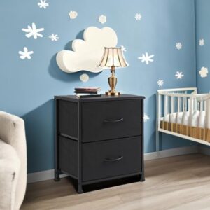 Classical Nightstand, 2 Drawer Dresser for Bedroom, Small Dresser with Metal Frame and Wood Top, Bedside Furniture, Night Stand, End Table with Fabric Bins for Bedroom, Closet (Black, 2-Drawers)