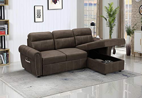 ERYE L-Shaped Oversized Reversible Convertible Tufted Sleeper Sectional Sofa with Pull Out Sleeper Couch Bed,USB Ports, Nailhead Decor Armrests and Storage Chaise for Living Room