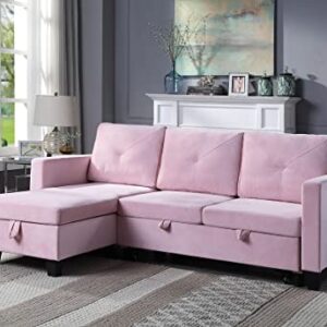 FANYE L-Shaped Reversible Corner Convertible Sectional Sofa with Pull Out Sleeper Couch Bed and Storage Chaise for Home Apartment Office Living Room, Pink Velvet Sofa&Couch, 82.5"