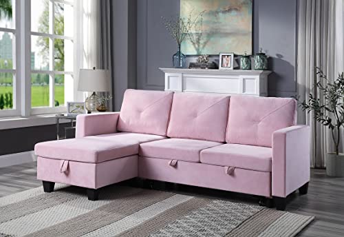 FANYE L-Shaped Reversible Corner Convertible Sectional Sofa with Pull Out Sleeper Couch Bed and Storage Chaise for Home Apartment Office Living Room, Pink Velvet Sofa&Couch, 82.5"