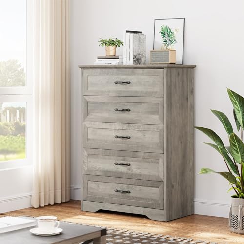 GAOMON Modern 5 Drawers Dresser, Chest of Drawers Closet Organizers and Storage Clothes, Modern Dressers for Closet Living Room, Kids Bedroom (5 Drawers Dresser, Grey)