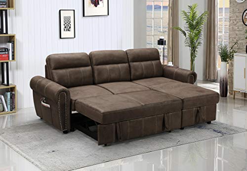 ERYE L-Shaped Oversized Reversible Convertible Tufted Sleeper Sectional Sofa with Pull Out Sleeper Couch Bed,USB Ports, Nailhead Decor Armrests and Storage Chaise for Living Room