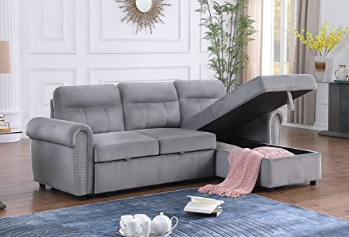 ERYE L-Shaped Oversized Reversible Convertible Tufted Sleeper Sectional Sofa with Pull Out Sleeper Couch Bed,Nailhead Decor Armrests and Storage Chaise for Living Room, Grey Velvet Sofabed