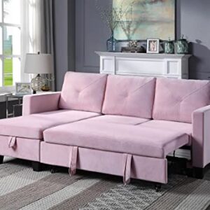 FANYE L-Shaped Reversible Corner Convertible Sectional Sofa with Pull Out Sleeper Couch Bed and Storage Chaise for Home Apartment Office Living Room, Pink Velvet Sofa&Couch, 82.5"