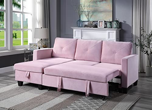 FANYE L-Shaped Reversible Corner Convertible Sectional Sofa with Pull Out Sleeper Couch Bed and Storage Chaise for Home Apartment Office Living Room, Pink Velvet Sofa&Couch, 82.5"