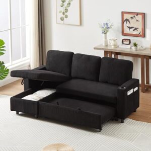 FANYE L-Shaped 3 Seater Reversible Sleeper Sectional Convertible Sofabed Comfortable Corduroy Upholstered Corner Sofa with Pull Out Sleep Couch Bed and Cupholders for Compact Space Living Room