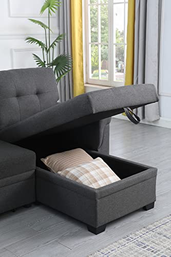 FANYE L-Shaped Reversible Corner Convertible Sleeper Sectional Sofa with Pull Out Sleeper Couch Bed and Storage Chaise for Home Apartment Office Living Room, Dark Grey Linen Sofa&Couch