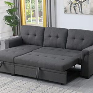 FANYE L-Shaped Reversible Corner Convertible Sleeper Sectional Sofa with Pull Out Sleeper Couch Bed and Storage Chaise for Home Apartment Office Living Room, Dark Grey Linen Sofa&Couch