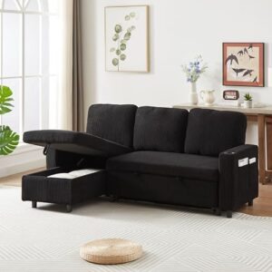 FANYE L-Shaped 3 Seater Reversible Sleeper Sectional Convertible Sofabed Comfortable Corduroy Upholstered Corner Sofa with Pull Out Sleep Couch Bed and Cupholders for Compact Space Living Room