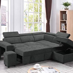 FANYE L-Shaped Oversized Convertible Tufted Sleeper Sectional Sofa with Pull Out Sleeper Couch Bed,Adjustable Headrests, Padded Armrests,Movable Stools and Storage Ottoman for Living Room