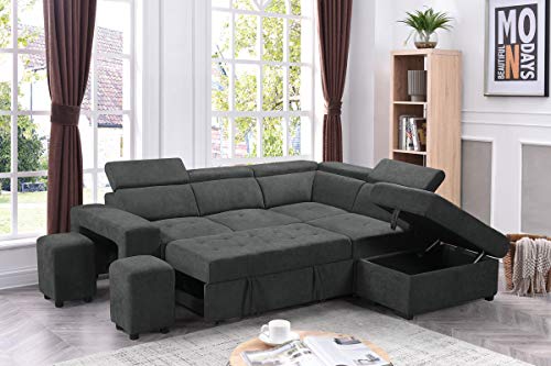 FANYE L-Shaped Oversized Convertible Tufted Sleeper Sectional Sofa with Pull Out Sleeper Couch Bed,Adjustable Headrests, Padded Armrests,Movable Stools and Storage Ottoman for Living Room