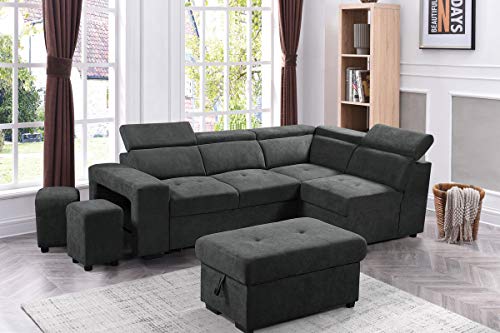 FANYE L-Shaped Oversized Convertible Tufted Sleeper Sectional Sofa with Pull Out Sleeper Couch Bed,Adjustable Headrests, Padded Armrests,Movable Stools and Storage Ottoman for Living Room