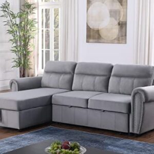 FANYE L-Shaped Oversized Reversible Convertible Tufted Sleeper Sectional Sofa with Pull Out Sleeper Couch Bed,Nailhead Decor Armrests and Storage Chaise for Living Room, Grey Velvet Sofabed