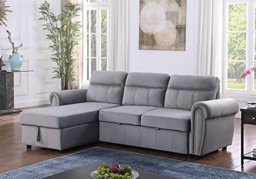 ERYE L-Shaped Oversized Reversible Convertible Tufted Sleeper Sectional Sofa with Pull Out Sleeper Couch Bed,Nailhead Decor Armrests and Storage Chaise for Living Room, Grey Velvet Sofabed