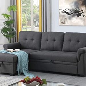 FANYE L-Shaped Reversible Corner Convertible Sleeper Sectional Sofa with Pull Out Sleeper Couch Bed and Storage Chaise for Home Apartment Office Living Room, Dark Grey Linen Sofa&Couch