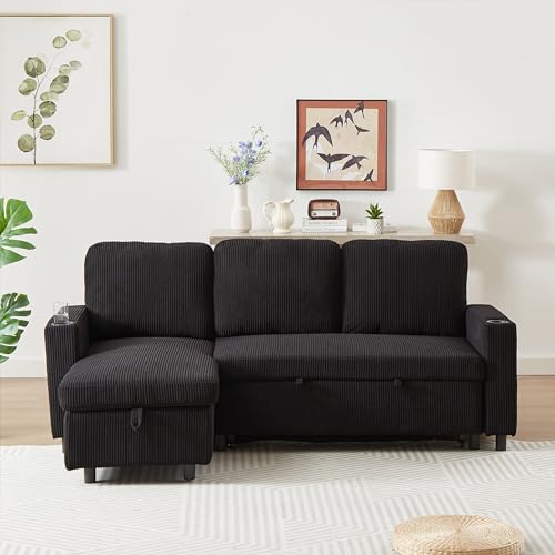 FANYE L-Shaped 3 Seater Reversible Sleeper Sectional Convertible Sofabed Comfortable Corduroy Upholstered Corner Sofa with Pull Out Sleep Couch Bed and Cupholders for Compact Space Living Room