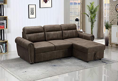 FANYE L-Shaped Oversized Reversible Convertible Tufted Sleeper Sectional Sofa with Pull Out Sleeper Couch Bed,Nailhead Decor Armrests and Storage Chaise for Living Room, Brwon Microfiber Sofabed