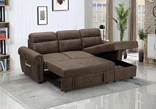 ERYE L-Shaped Oversized Reversible Convertible Tufted Sleeper Sectional Sofa with Pull Out Sleeper Couch Bed,USB Ports, Nailhead Decor Armrests and Storage Chaise for Living Room