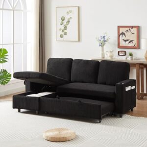 FANYE L-Shaped 3 Seater Reversible Sleeper Sectional Convertible Sofabed Comfortable Corduroy Upholstered Corner Sofa with Pull Out Sleep Couch Bed and Cupholders for Compact Space Living Room