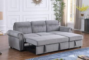 fanye l-shaped oversized reversible convertible tufted sleeper sectional sofa with pull out sleeper couch bed,nailhead decor armrests and storage chaise for living room, grey velvet sofabed