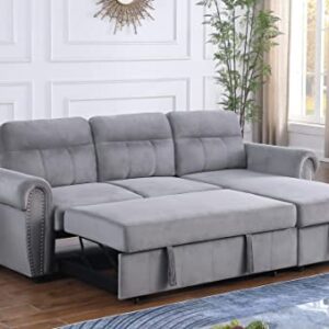 FANYE L-Shaped Oversized Reversible Convertible Tufted Sleeper Sectional Sofa with Pull Out Sleeper Couch Bed,Nailhead Decor Armrests and Storage Chaise for Living Room, Grey Velvet Sofabed