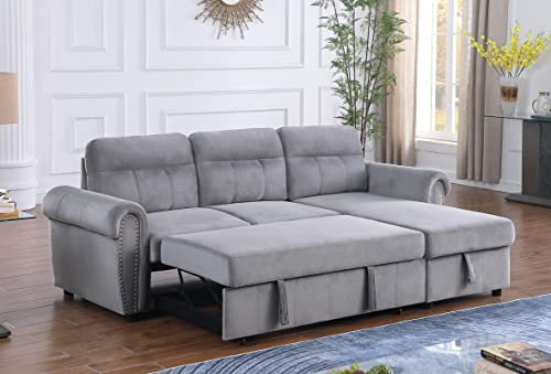 FANYE L-Shaped Oversized Reversible Convertible Tufted Sleeper Sectional Sofa with Pull Out Sleeper Couch Bed,Nailhead Decor Armrests and Storage Chaise for Living Room, Grey Velvet Sofabed