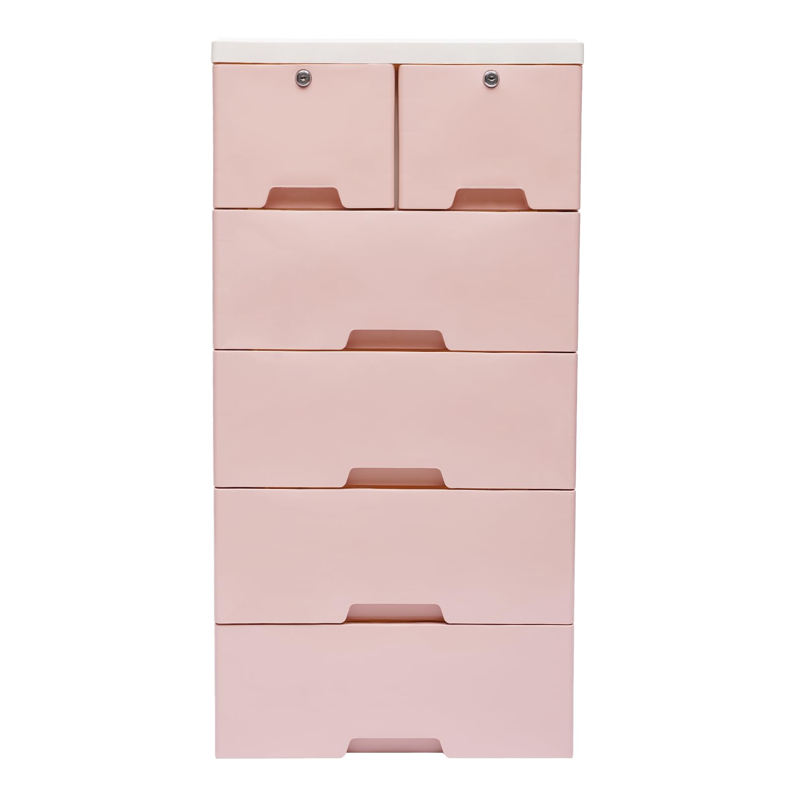 Knwigoe 5 Tier Dresser with 6 Drawers Plastic Closet Drawers Tall Chest Storage Cabinet Clothes Storage Organizer with Wheels & Locks for Bedroom Living Room (19.7x13.8x40inch) (Pink)