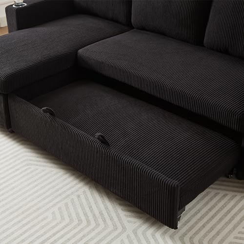 FANYE L-Shaped 3 Seater Reversible Sleeper Sectional Convertible Sofabed Comfortable Corduroy Upholstered Corner Sofa with Pull Out Sleep Couch Bed and Cupholders for Compact Space Living Room