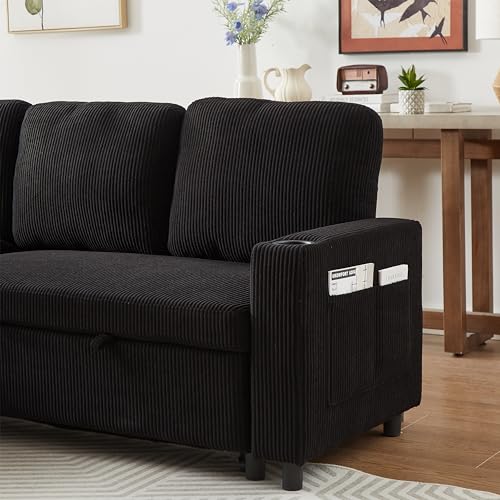 FANYE L-Shaped 3 Seater Reversible Sleeper Sectional Convertible Sofabed Comfortable Corduroy Upholstered Corner Sofa with Pull Out Sleep Couch Bed and Cupholders for Compact Space Living Room