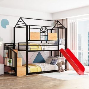 bovza house bunk bed with slide and stairs, twin over twin metal bunk beds frame with roof and storage staircase for kids boys girls teens, black+red