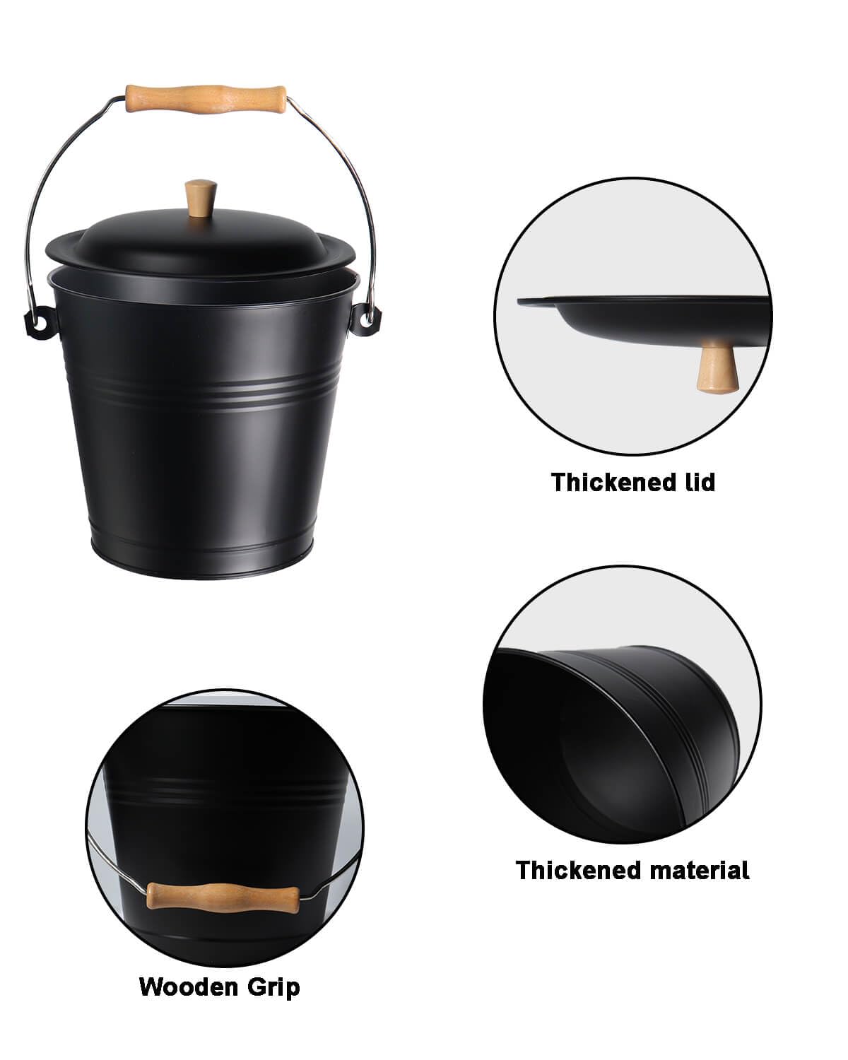 vensovo 1.5 Gallon Ash Bucket with Lid - Shovel, Broom, and Gloves, Heavy Duty Galvanized Iron, Fire-Resistant, Black Finish Perfect for Fireplaces, Fire Pits, Wood-Burning Stoves, and Grills