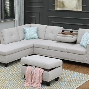 L Shaped Modular Sectional Sofa with Chaise Lounge and Storage Ottoman , Reversible Sleeper Corner Couch w/ Drop Down Backrest & Cupholders ,5 Seaters Linen Upholstered Lounge Sofá for Living Room